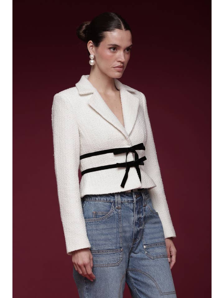 Ivory Black Velvet Bow Trim Tweed Jacket for wholesale on Faire1