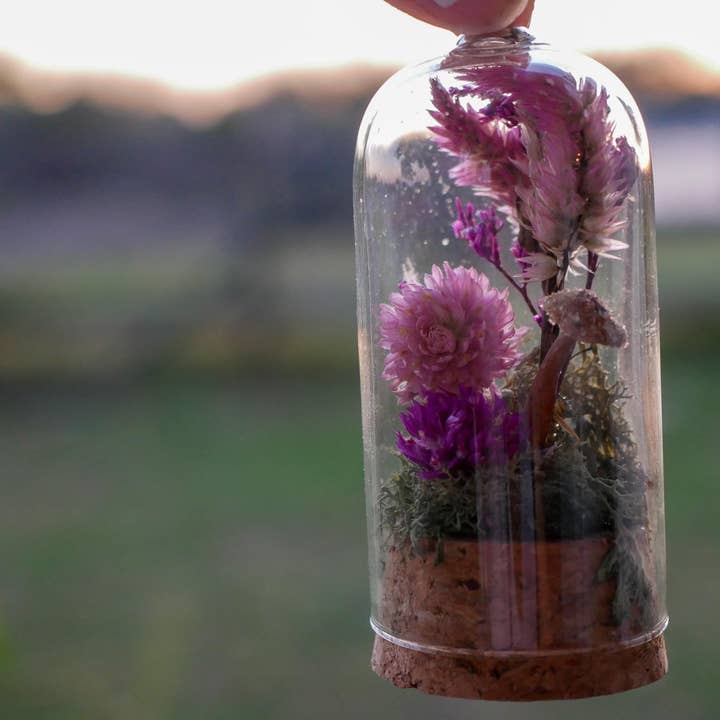 Remedy Designs - Wholesale Ornament - Mushroom terrarium, dried mushroom cloche, real flower decor, woodland christmas2