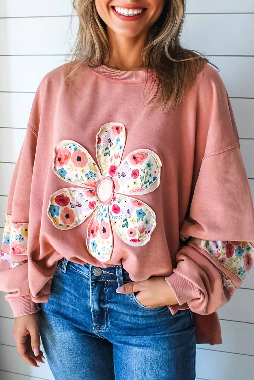 FASHION BLVD - Wholesale Sweatshirt - Women's - FB Floral Patchwork Long Sleeve Sweatshirt
