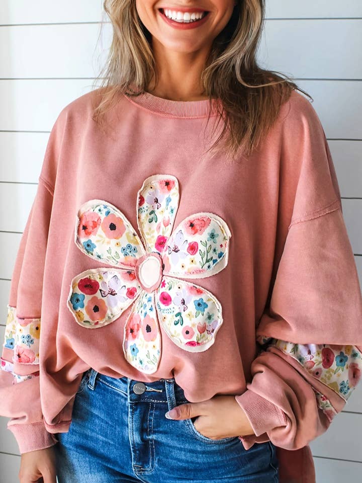 Floral Patchwork Drop Shoulder Pullover Sweatshirt for wholesale by LALA LOO