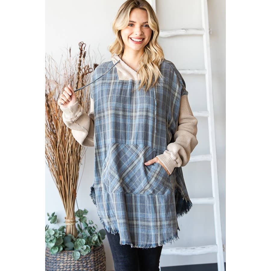 Oli&Hali - Vente Sweat à capuche – femme - PULL À CAPUCHE À CARREAUX DÉLAVÉ AVEC OURLET BRUT ET MANCHES LONGUES13