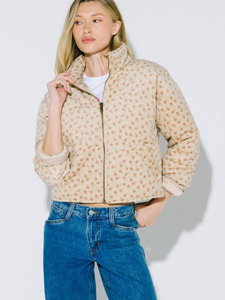 Dainty Floral Print Zip Up Puffer Jacket for wholesale by Blue Blush