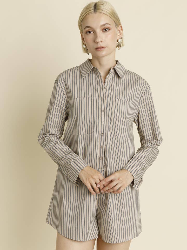AC1895 - OVERSIZED STRIPED SHIRT ROMPER for wholesale by Aureum