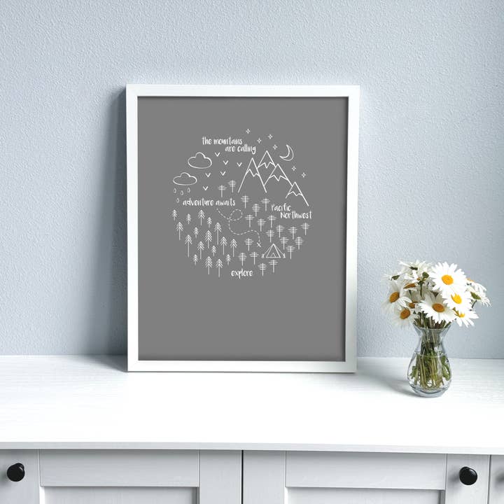 PNW Circle Art Print / White on Gray for wholesale by Three in Kind