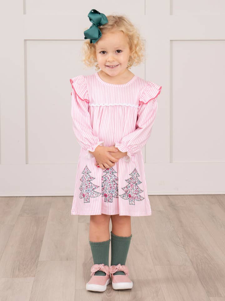 Marie Nicole Clothing - Wholesale Dress - Kids - Pink Striped Embroidered Floral Trees Ruffle Dress