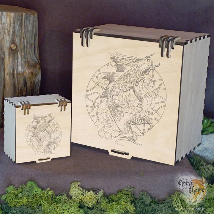 Boite bois, Japon, koï japonais qui saute dans des vagues pour la vente par Creatigre