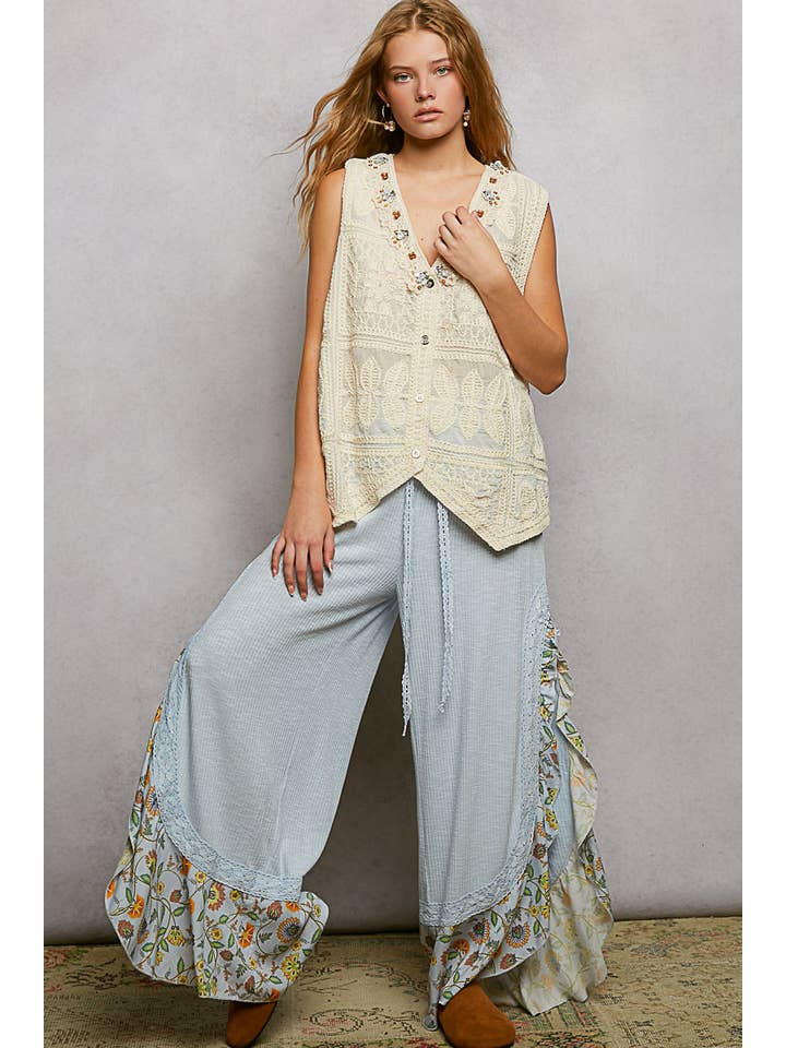 Pol Clothing - Wholesale Pants - Women's - Floral Pattern Ruffle Detail Ribbed Knit Pants5