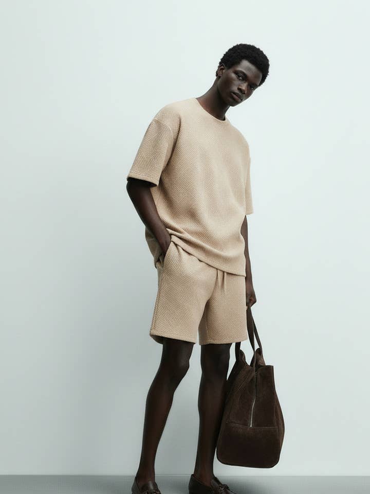 Men's Short Sleeve Textured T-Shirt & Short Set (Sand) for wholesale by Hawk's Bay