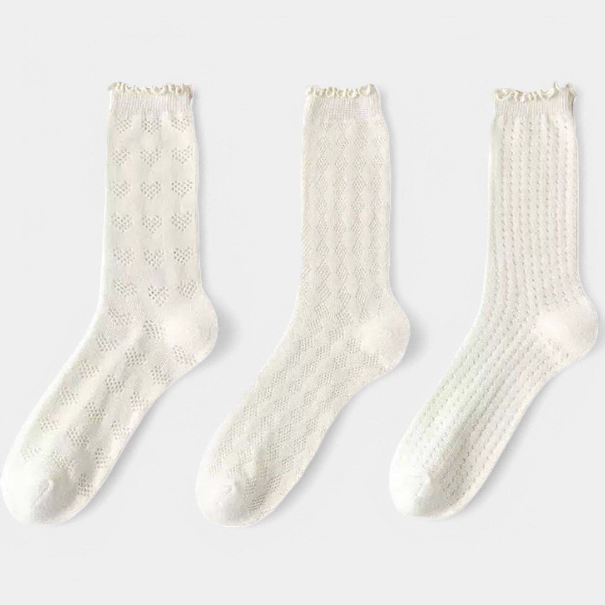 AK Brand - Wholesale Socks - Women's - 3-pack  Delicate Lace Knit Crew Socks with Textured Patterns0