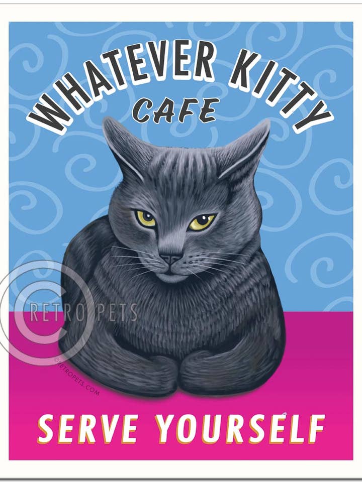 F-110 - Stampa artistica, 8 x 10 cm, motivo: gatto «Whatever Kitty, grigio» per la vendita all'ingrosso da parte di Retro Pets