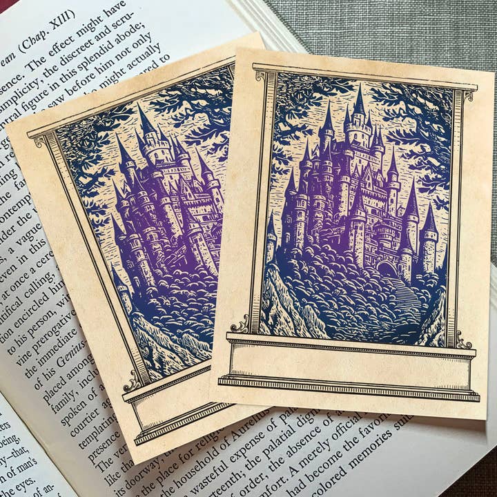 Fantasy Castle, Gummed Paper Ex-Libris Bookplates for wholesale by Ebon et Noir LLC