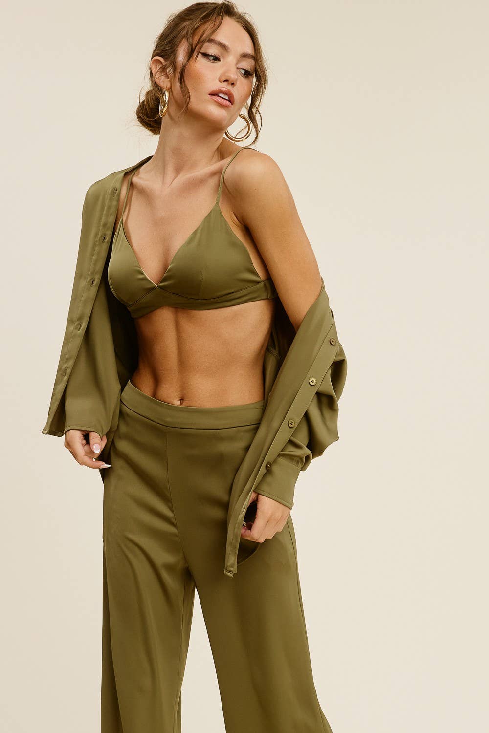 Olive Silk Effect Three Piece Matching Set for wholesale on Faire4