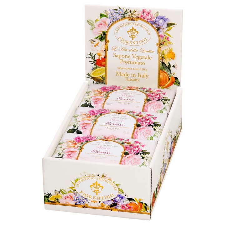 Rose and Geranium 6-piece Soap Display for wholesale by Gentil Scents