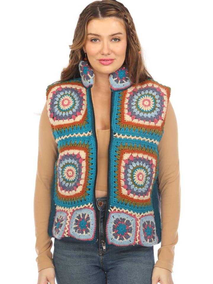 Lakhays Collection Inc. - Vente Veste sans manches – femme - Gilet doublé en polaire Mandala au crochet