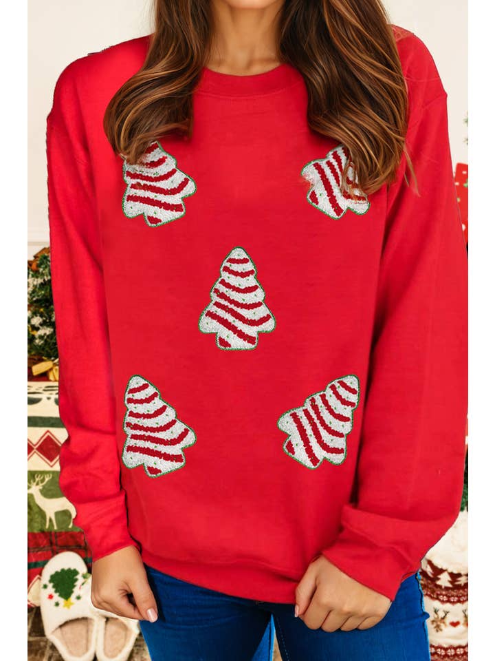 As shown Playful Christmas Tree Patched Dropped Shoulder Sweatshirt for wholesale on Faire