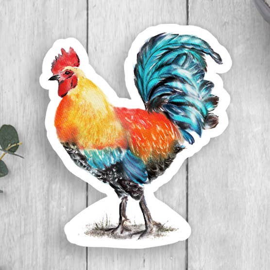 Watercolor Rooster Vinyl Sticker for wholesale by Expression Design Co