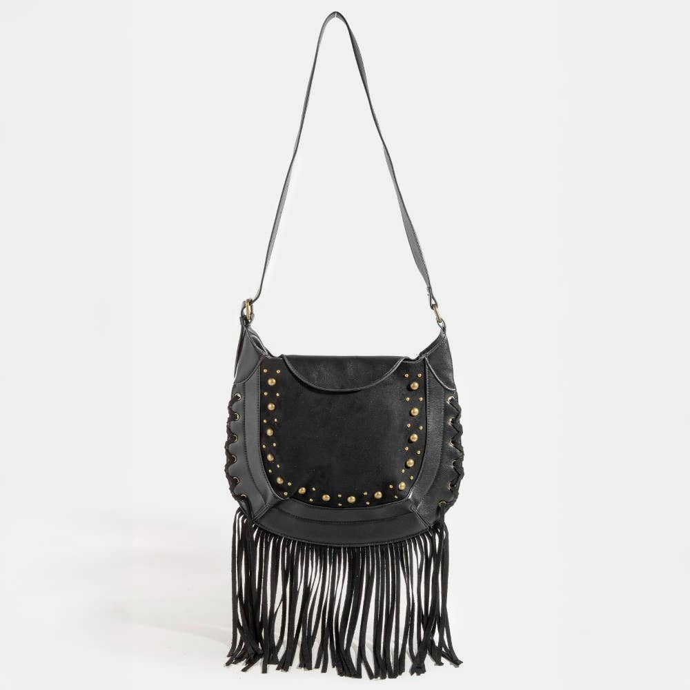 Collections by Fame Accessories - Venta al por mayor Bolso con correa - Mujer - Bolso de hombro con flecos de ante y ribetes de remaches5