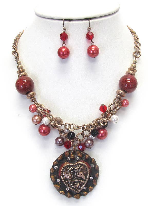 ( D046 ) VINTAGE OWL PEARL NECKLACE SET for wholesale by Jewelry Max