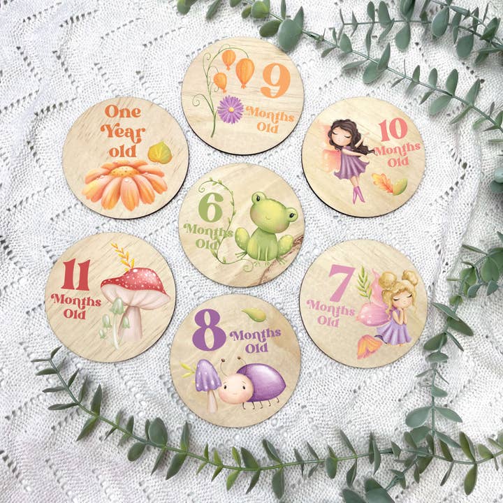 Fairies baby milestone discs, newborn milestones for wholesale by Carrousel Collectives