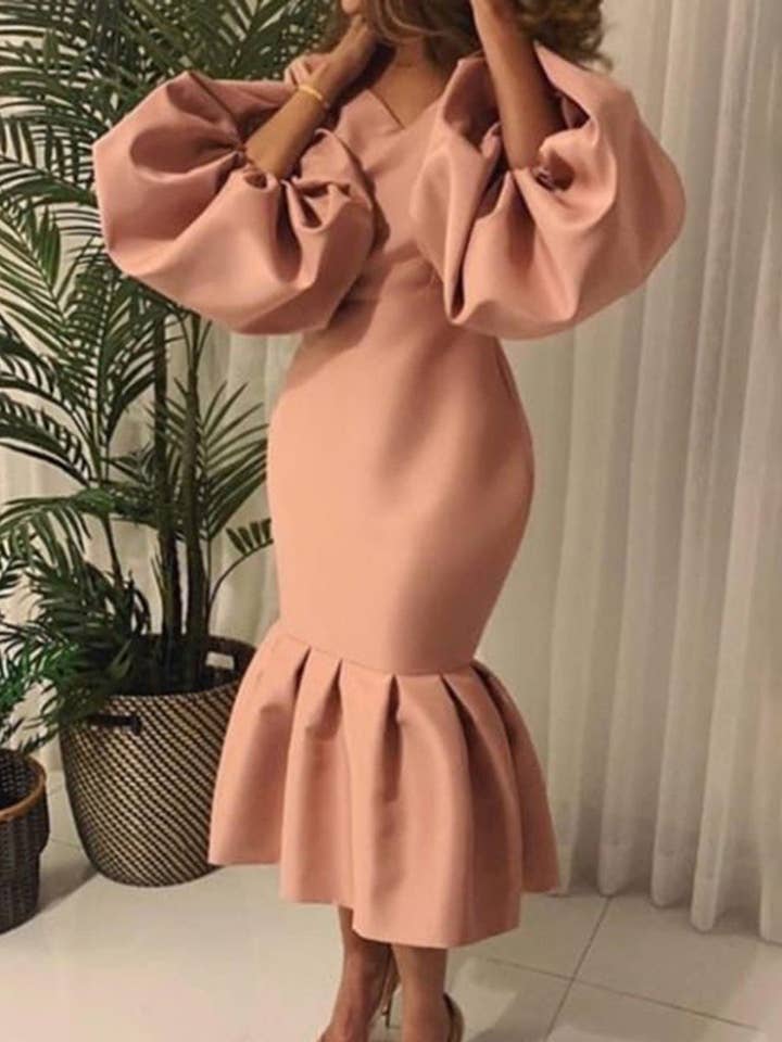 V-Neck Bubble Sleeve Fishtail Gown for wholesale by Aria Romance