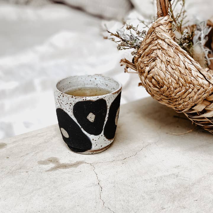 River Ceramics - Wholesale Coffee/tea cup - 'Hana' Cup - Handmade Stackable Cup with Black Flower Motif3