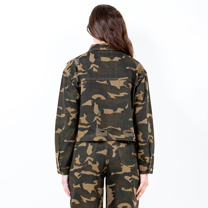 GREEN CAMO CAMOUFLAGE DISTRESSED CROPPED JACKET-RJK30777CM for wholesale on Faire2