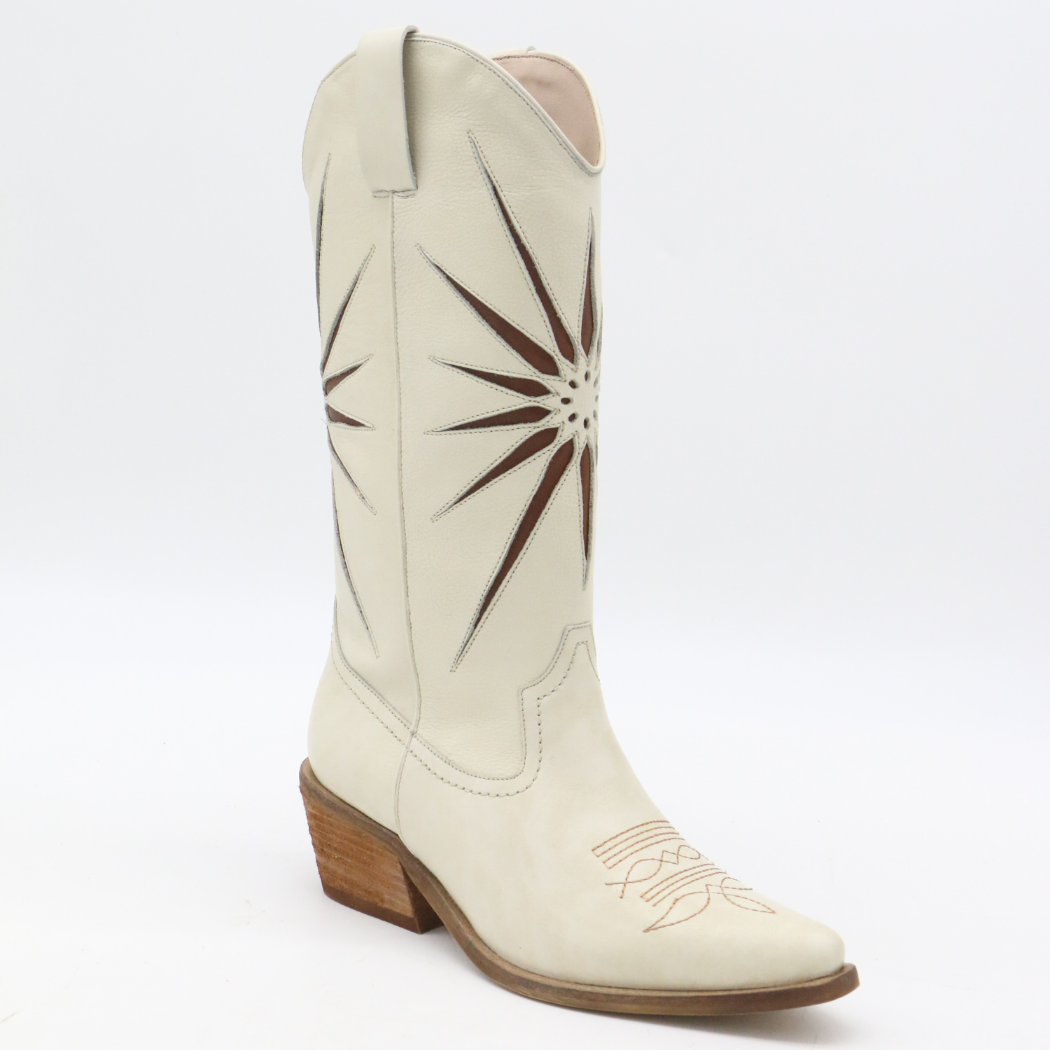 Elfenbein Mondaufgang Western-Cowboystiefel aus elfenbeinfarbenem Leder Damenschuhe für den Großhandel auf Faire11