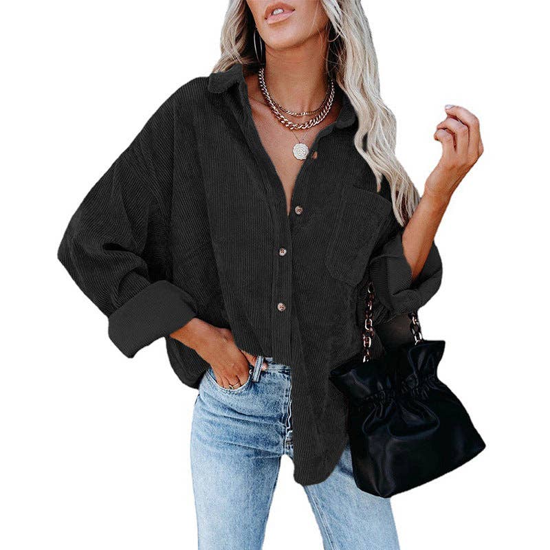 Lovesoft - Wholesale Button Down Shirt - Women's - Women's Solid Color Loose Casual Corduroy Shirt0