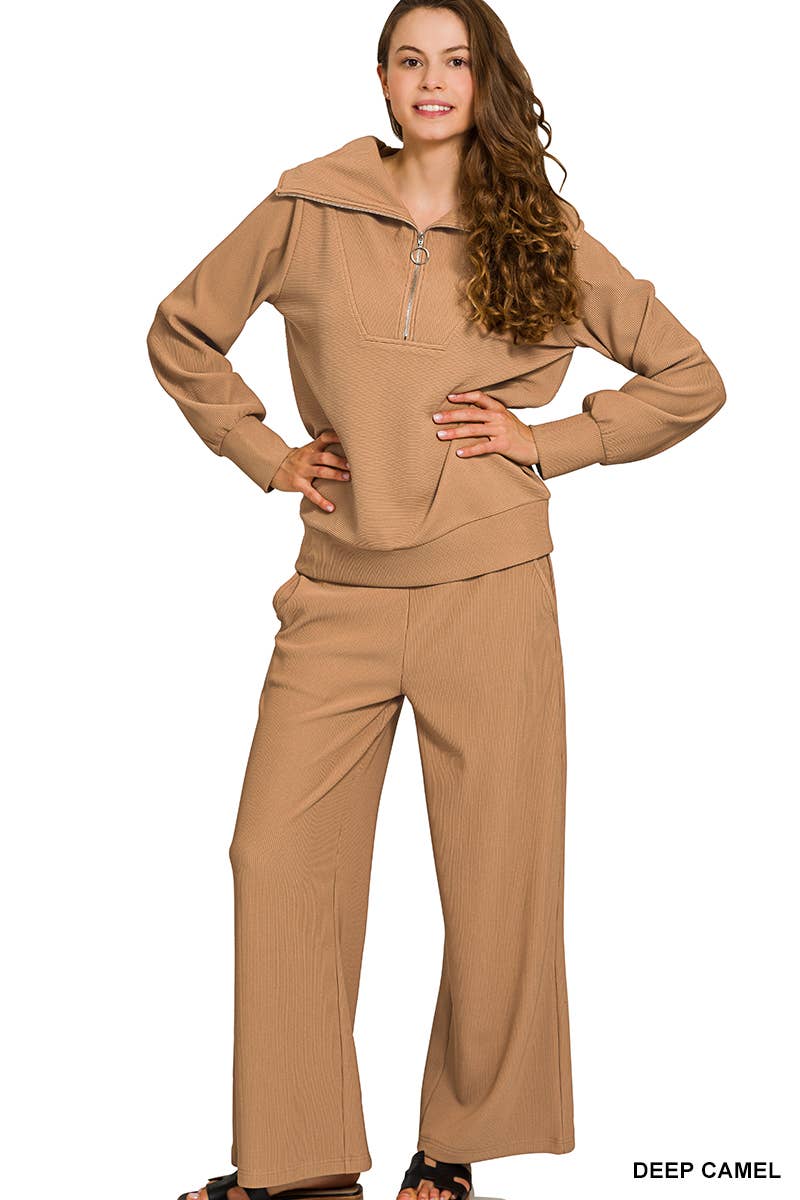 Vanilla Monkey - Wholesale Top & Pant Set (NOT Loungewear) - Women's - Ribbed High Neck Half Zip Pullover And Pants Set3