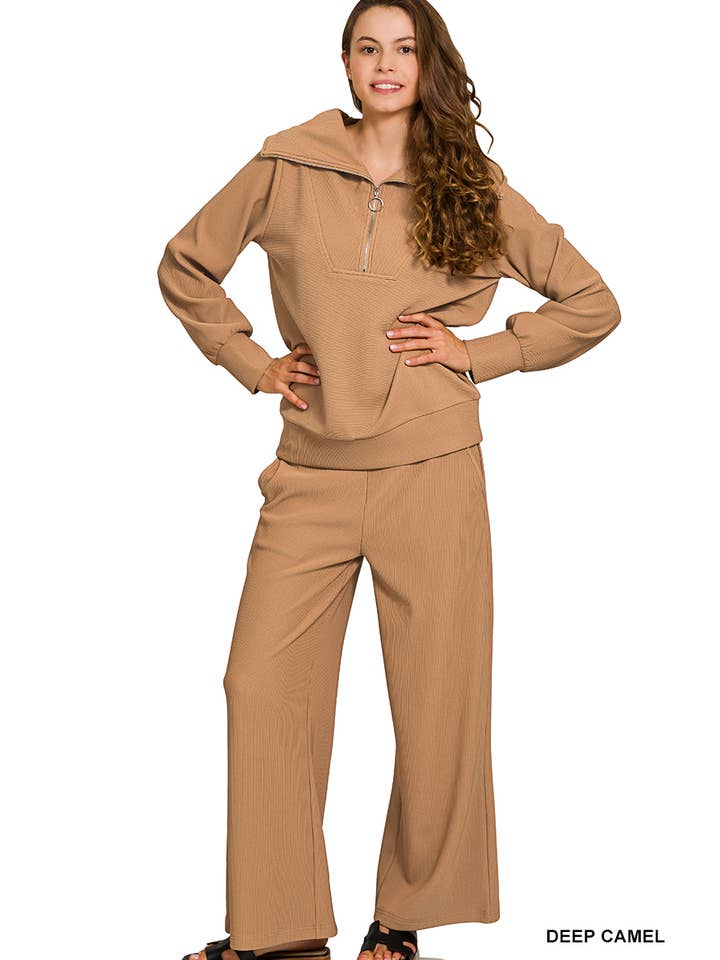 Vanilla Monkey - Wholesale Top & Pant Set (NOT Loungewear) - Women's - Ribbed High Neck Half Zip Pullover And Pants Set3