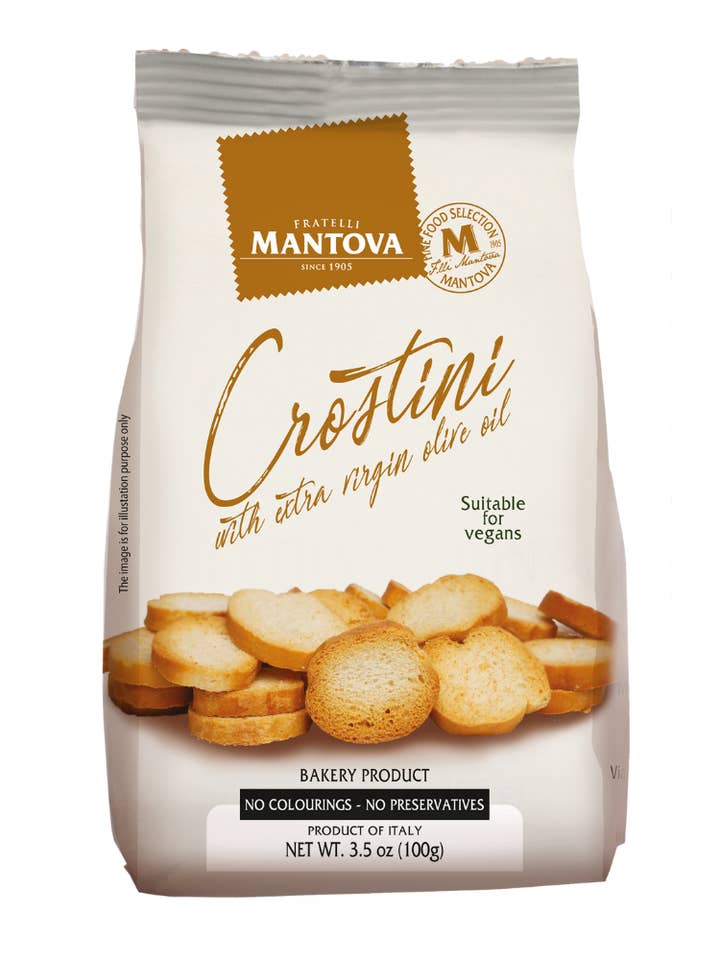Fratelli Mantova Italian Crostini Crackers with Extra Virgin Olive Oil for wholesale by Tin Can Fish ( BELA, Cantara, Mar, Porthos, Varina )