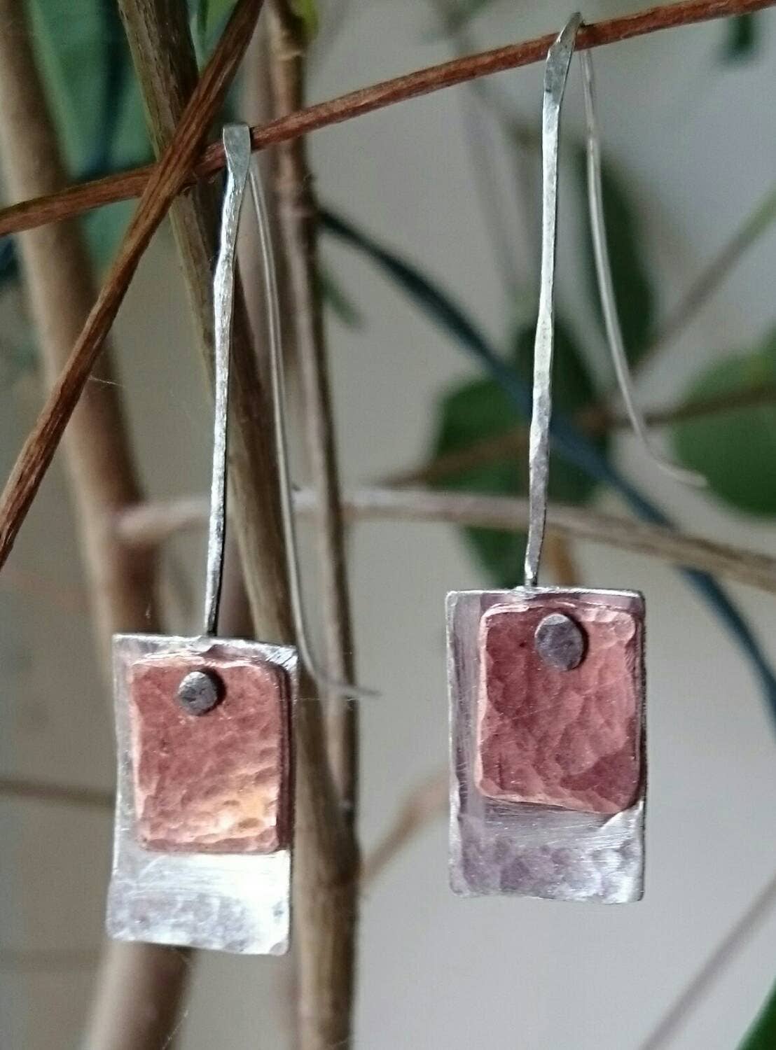 The Wonky Jewellery Company – wholesale Dangle earrings – Silver and copper drop earrings, hammered silver jewellery.4