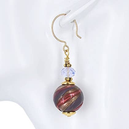 Purple Swirl Round Murano Glass Earrings with Purple Austrian Crystals on Gold Filled Earring Wires for wholesale by Viktoria Simonë