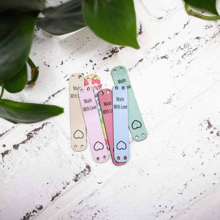 The McGarvey Workshop - Wholesale Craft Supplies - Made with Love Tags, Faux Leather Labels for Handmade Items, Custom Faux Leather Tags for Knitting and Crochet, 2.5" x 0.5"2