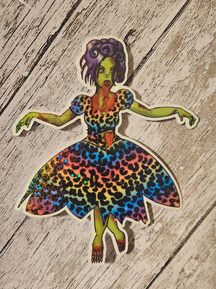 Leopard print rainbow zombie girl sticker for laptop large sticker for wholesale by Unsupervised Art