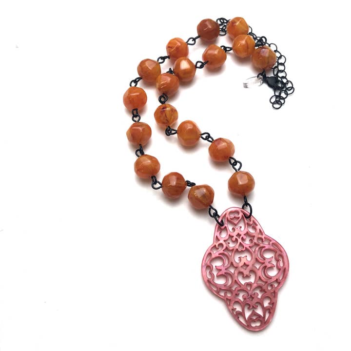 Honey Amber & Coral Boho Lace Beaded Aleta Necklace for wholesale by Leetie Lovendale