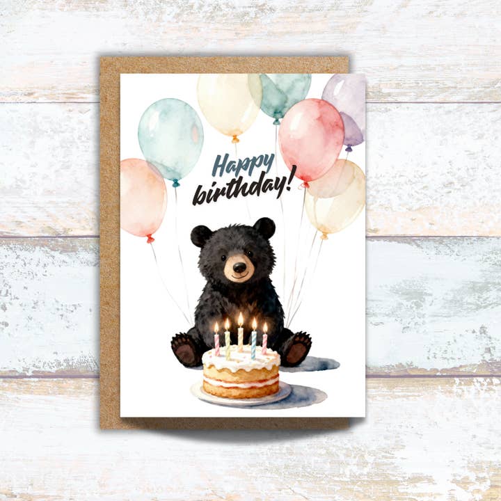 Birthday Bear Card: Watercolor Woodland Cub with Balloons for wholesale by Designs by Michaela