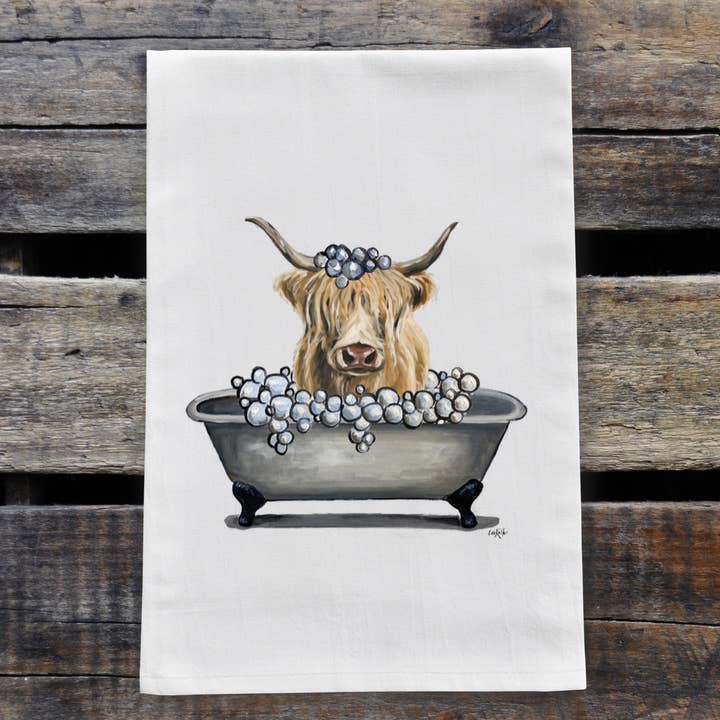 Highland Cow Flour Sack Towel, Highland Cow Bathroom Decor for wholesale by Hippie Hound Studios