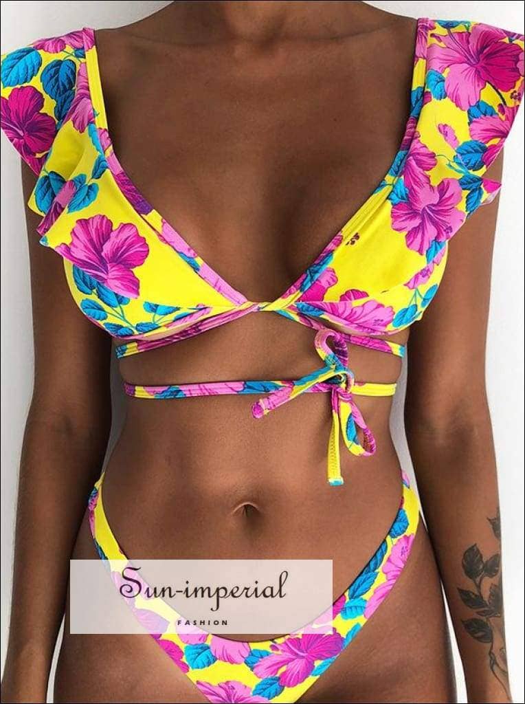 Sun Imperial – Biquíni - Mulher por atacado – Conjunto de biquíni boho vintage com estampa tribal e detalhe de babado2