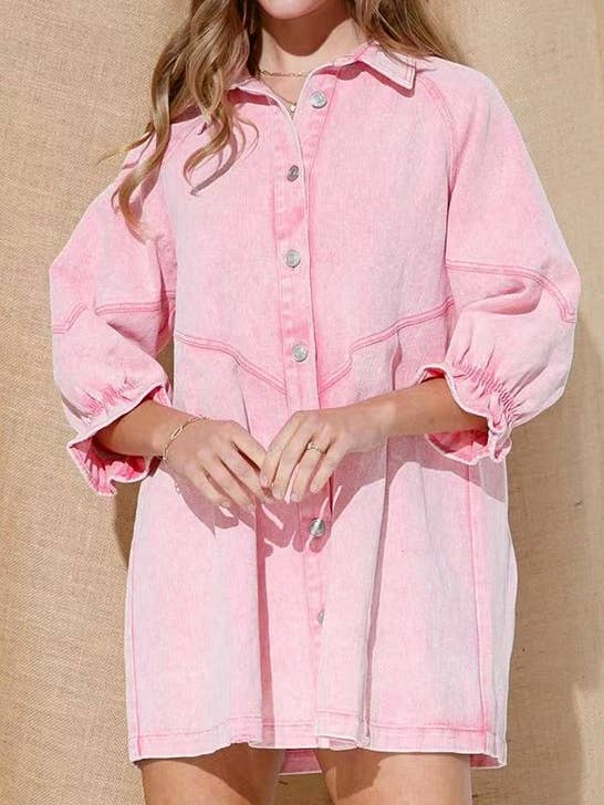 HIDDENBRAND - Wholesale Dress - Women's - Balloon sleeve denim shirt mini dress4