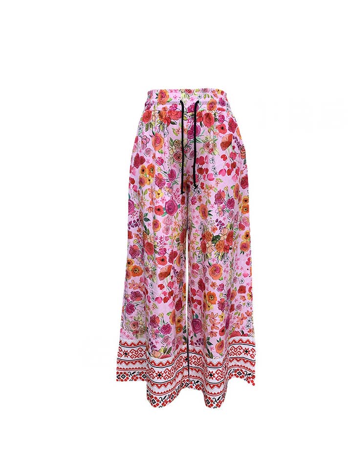 Drawstring Ethnic Pattern Floral Wide-Leg Pants for wholesale on Faire