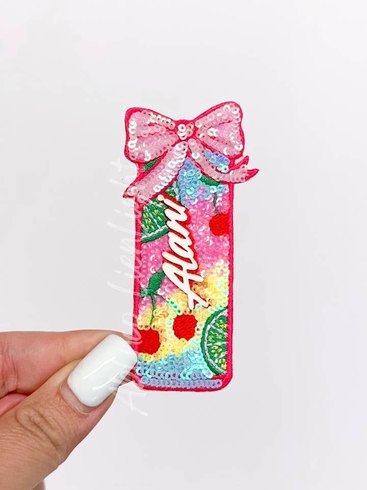 Small Alani Cherry Lime Energy Drink Sequin Patch for wholesale by ABLNco