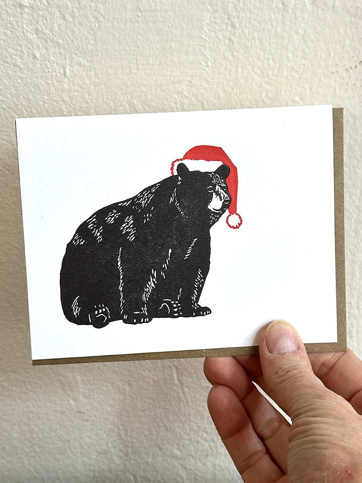 Lynn-oleum - Wholesale Christmas Card - Bear with Santa Hat LETTERPRESS CARD1