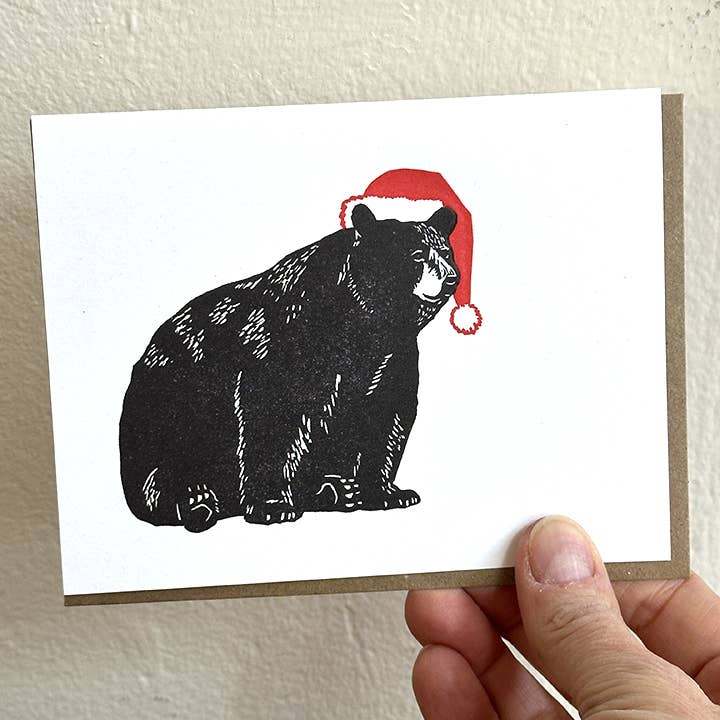 Lynn-oleum - Wholesale Christmas Card - Bear with Santa Hat LETTERPRESS CARD1