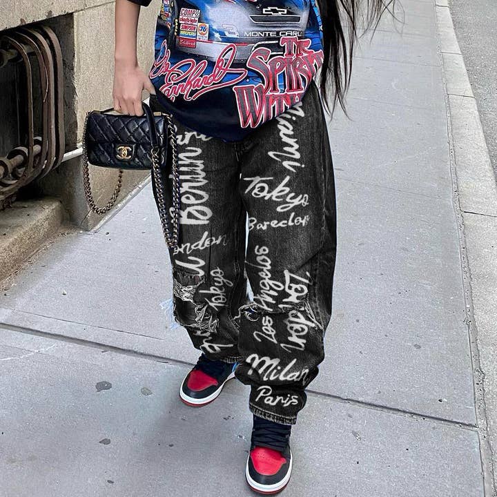 Tourtiwi - Wholesale Jeans - Women's - Distressed brushed letters print hip-hop jeans