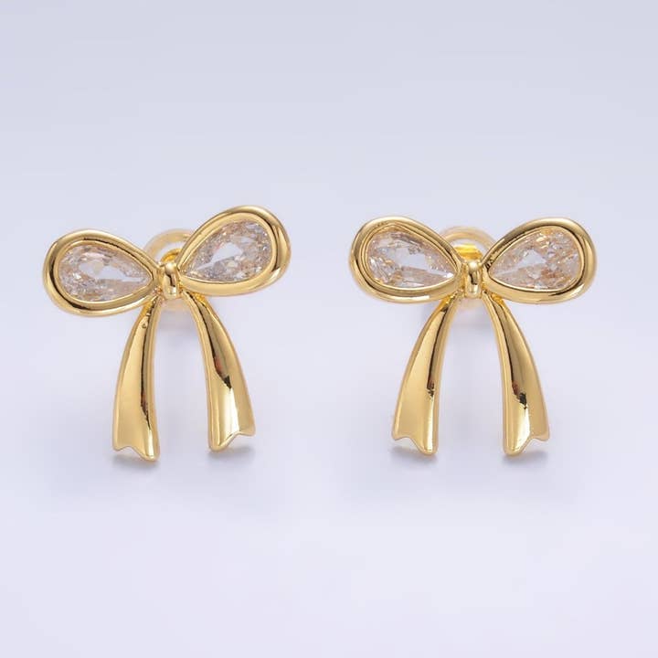 24K Gold Filled Clear CZ Ribbon Bow Stud Earrings | AB871 for wholesale by Aim Eternal
