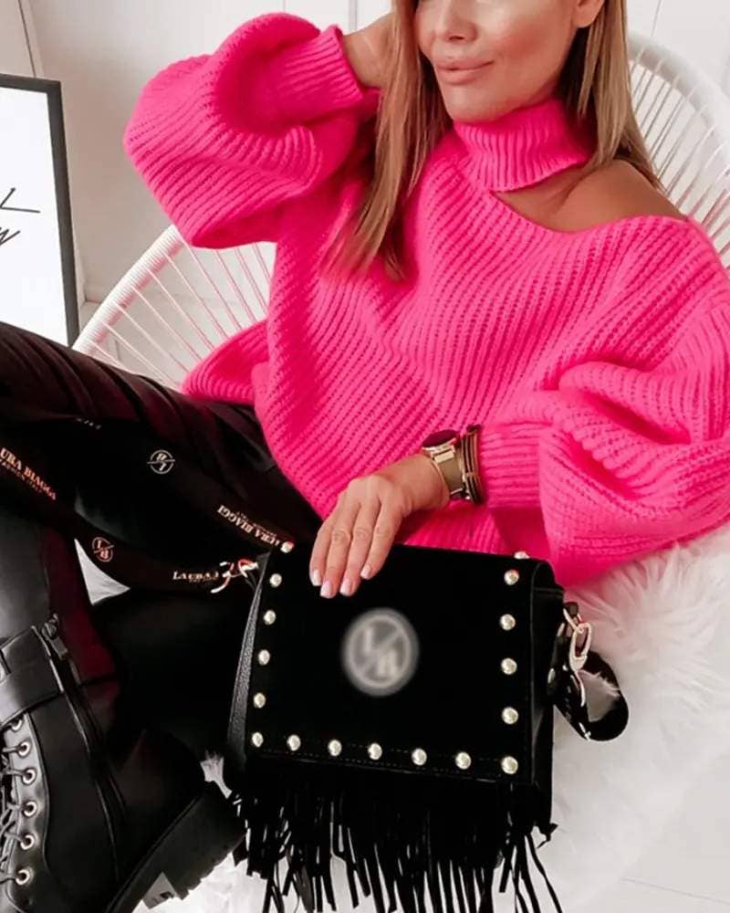 Queen Fashion - Wholesale Pullover-trui - Dames - Grof gebreide trui met lantaarnmouwen en koude schouders8