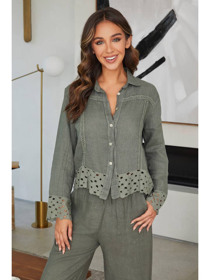MILIO MILANO - Wholesale Button Down Shirt - Women's - LINEN BUTTONDOWN WITH EMBROIDERY TRIM(11692-ARMYGREEN)
