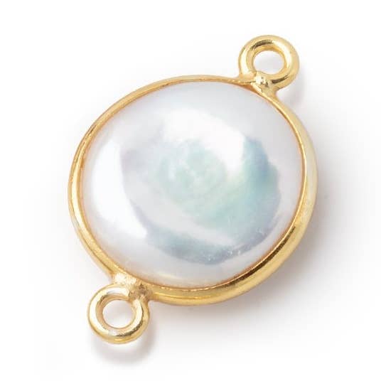 12-13mm Vermeil Bezel White Coin Freshwater Pearl Connector 1 piece for wholesale by Beads of Cambay