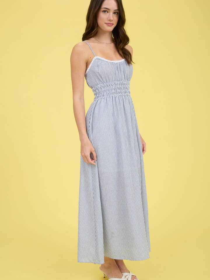 Blu Pepper - Wholesale Dress - Women's - STRIPE LACE TRIM SPAGHETTI STRAP MIDI DRESS